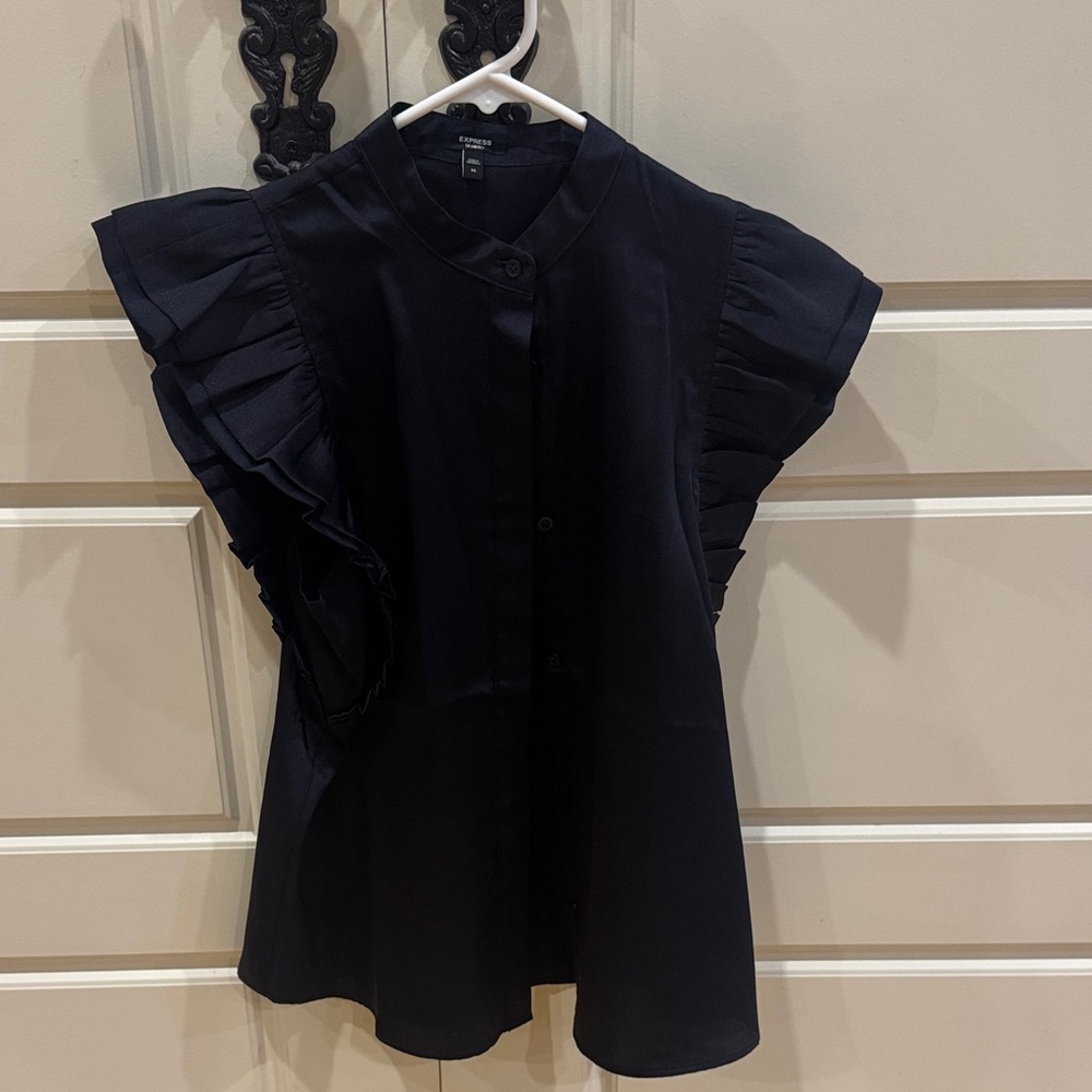 Express Navy Ruffle Sleeve Top